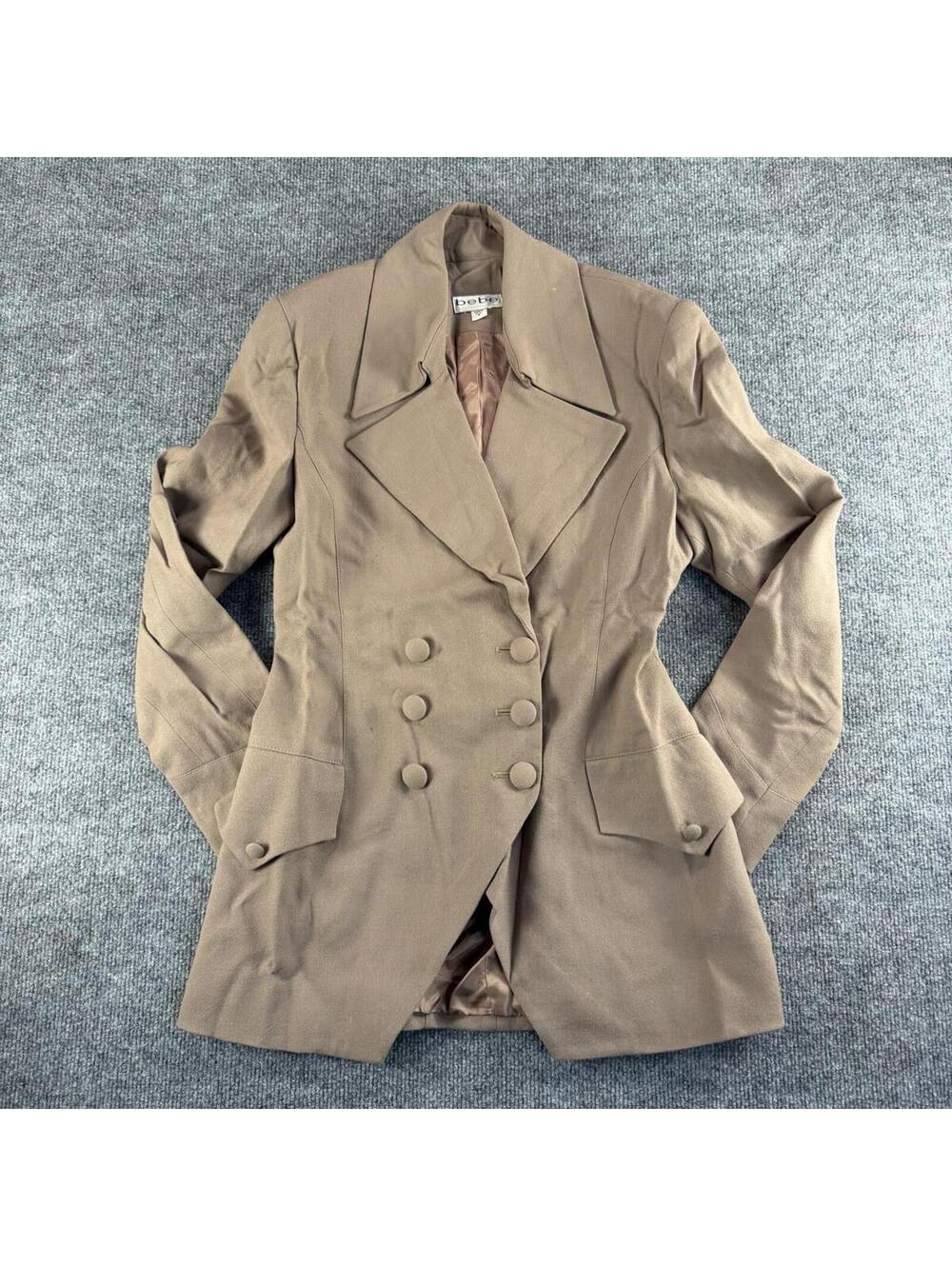 VTG‎ Y2K Bebe Tan Brown Double Breasted Blazer Jacket 8 Parka Trench Coat